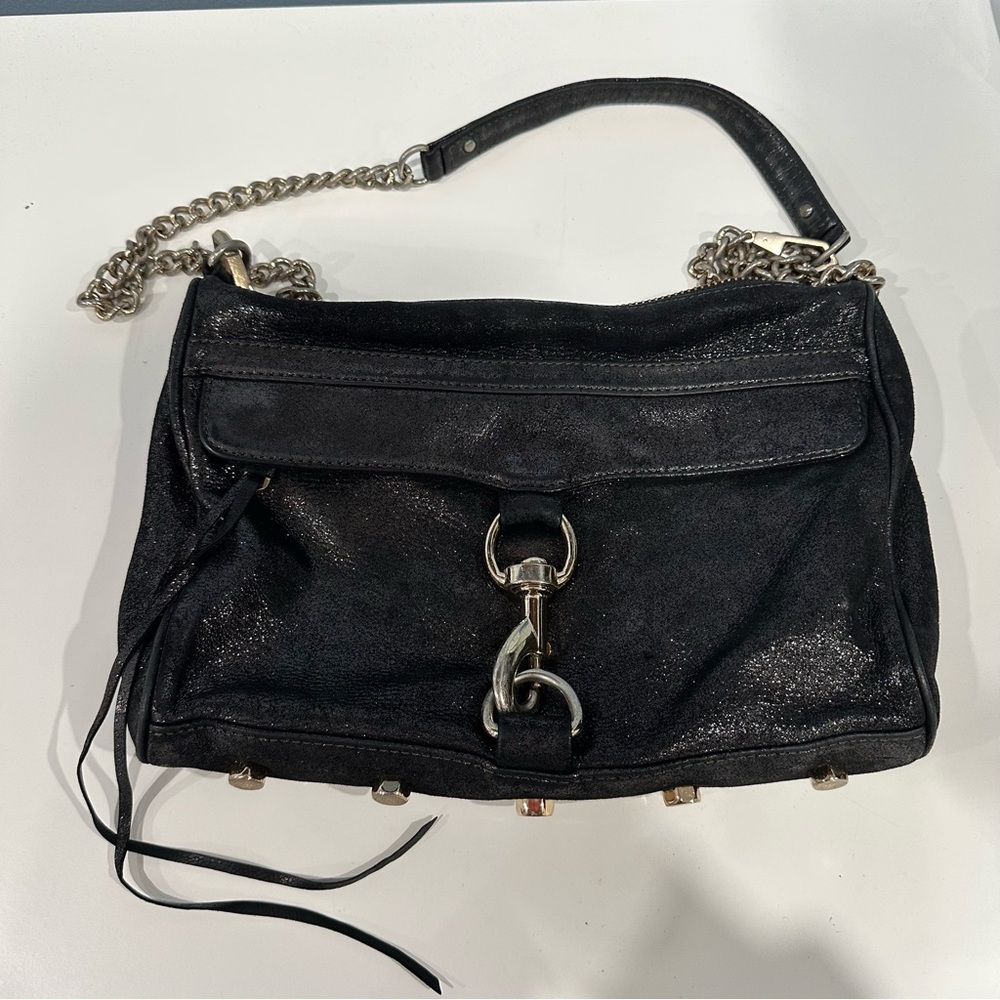 Rebecca Minkoff Shiny Glitter Black MAC with Champagne Gold Chain Strap
